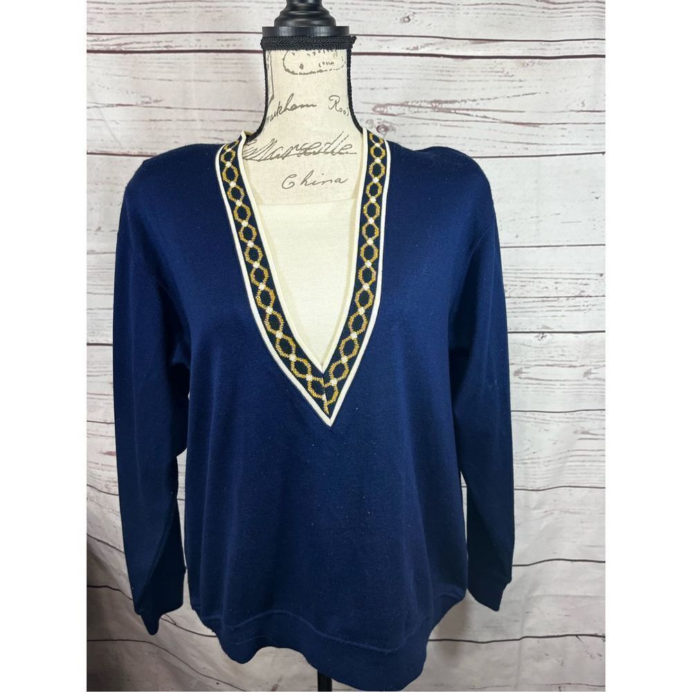ECCO BAY Women Navy Blue V Neck Sweater Long Sleeve Geometric Trim‎ Size Large